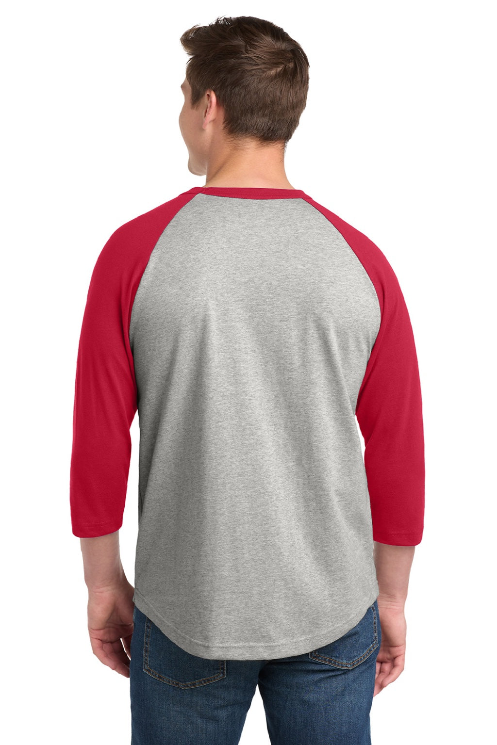 Sport-Tek T200 Mens 3/4 Sleeve Crewneck T-Shirt Heather Grey/Red Model Back