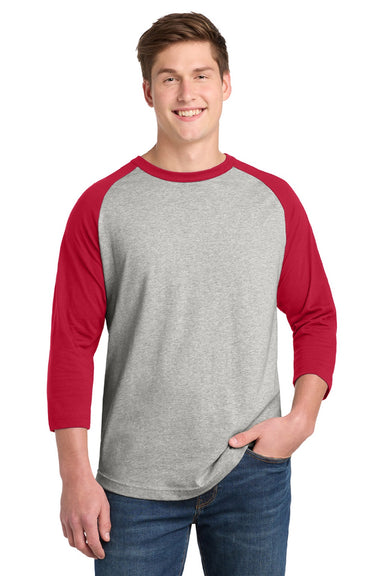 Sport-Tek T200 Mens 3/4 Sleeve Crewneck T-Shirt Heather Grey/Red Model Front