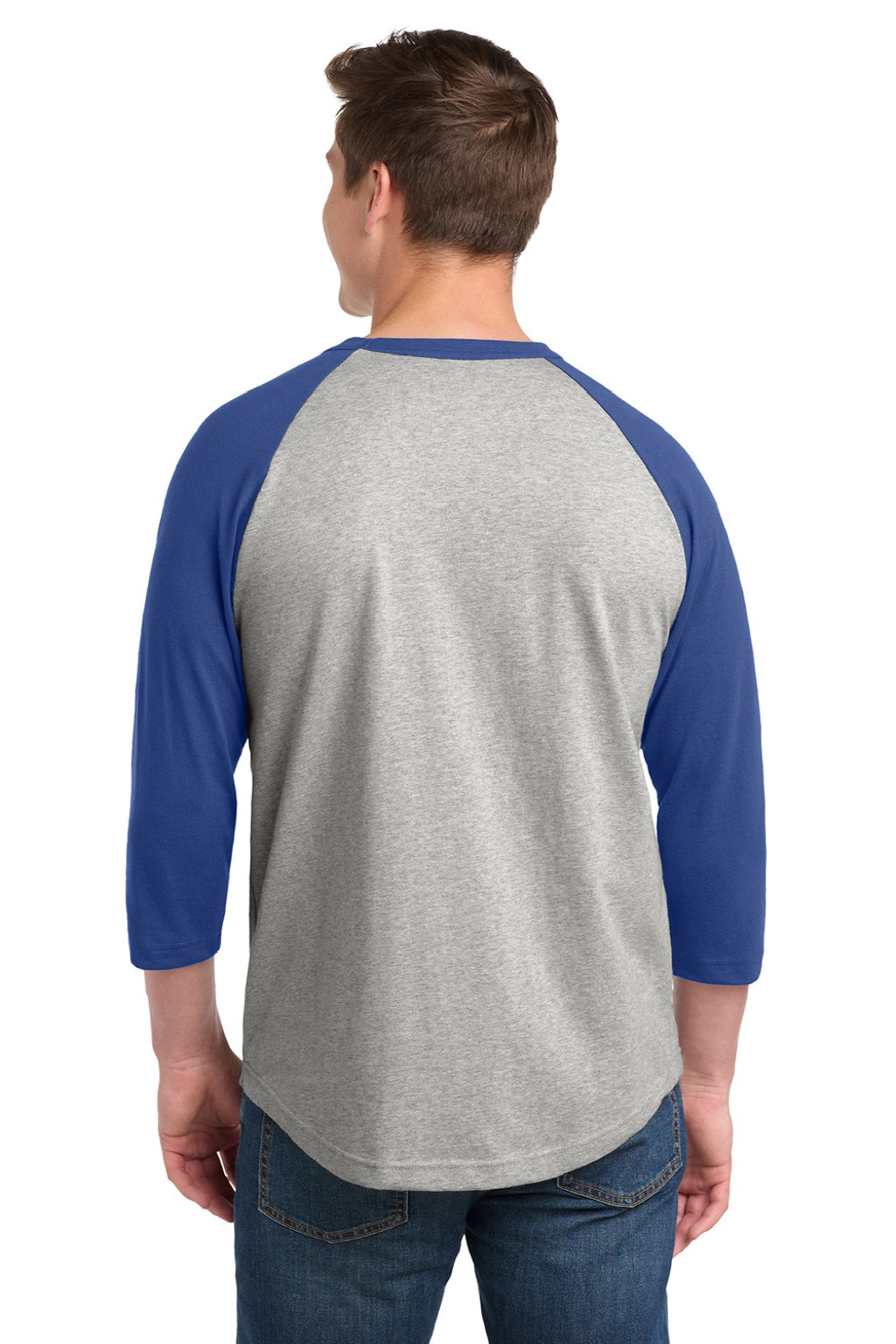 Sport-Tek T200 Mens 3/4 Sleeve Crewneck T-Shirt Heather Grey/Royal Blue Model Back