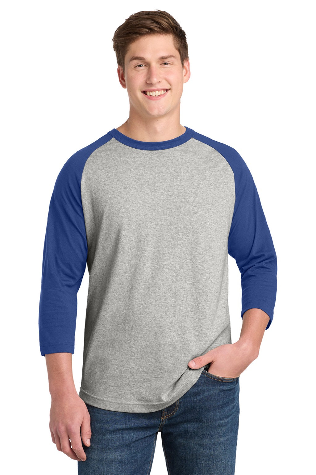 Sport-Tek T200 Mens 3/4 Sleeve Crewneck T-Shirt Heather Grey/Royal Blue Model Front