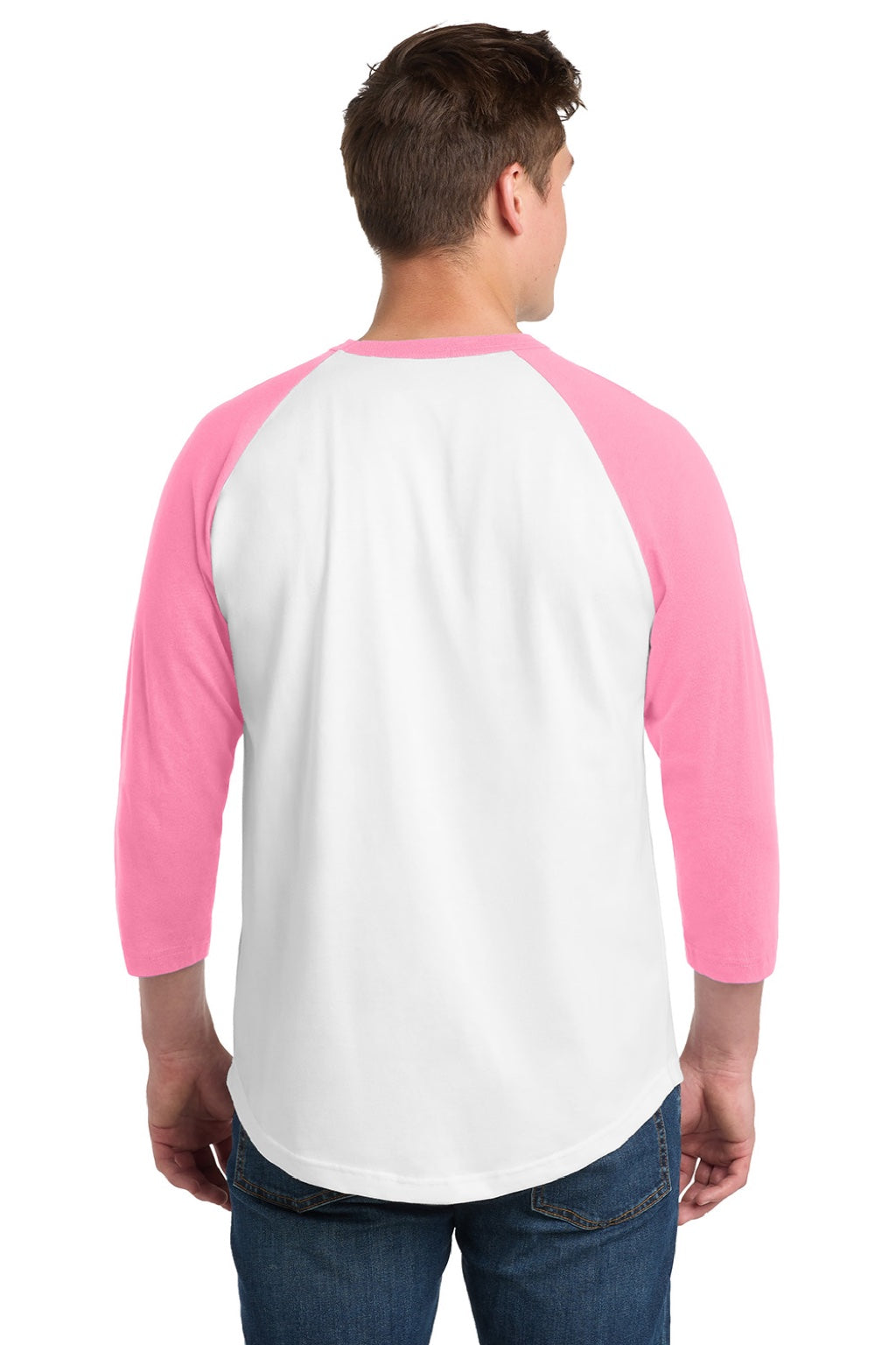 Sport-Tek T200 Mens 3/4 Sleeve Crewneck T-Shirt White/Bright Pink Model Back