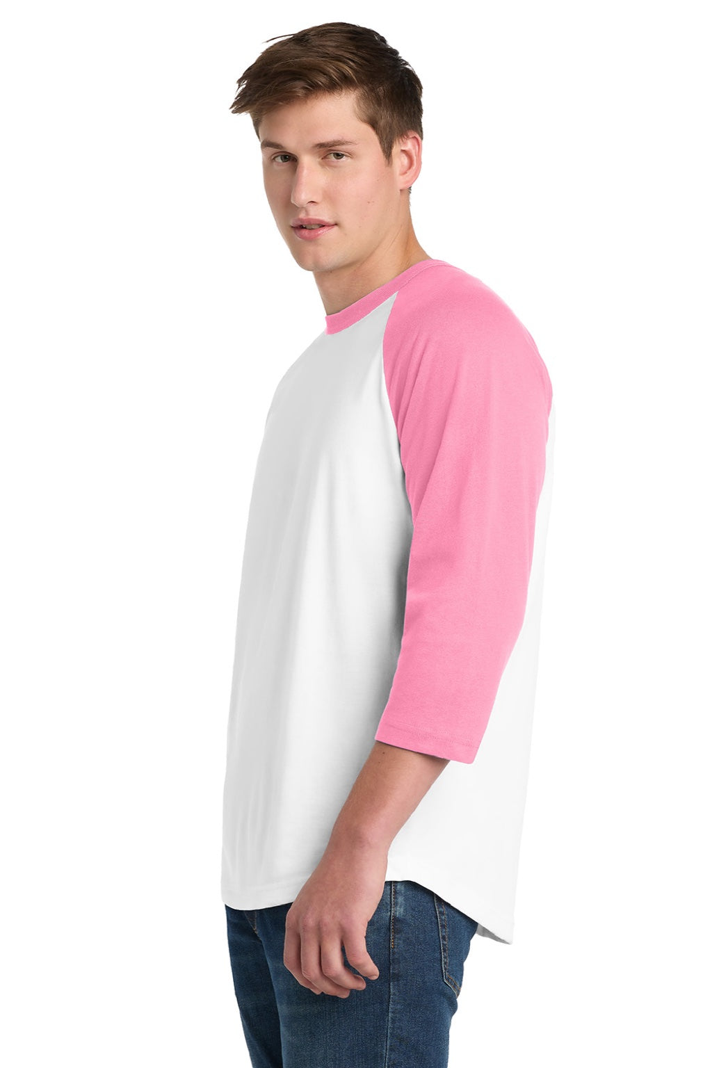 Sport-Tek T200 Mens 3/4 Sleeve Crewneck T-Shirt White/Bright Pink Model Side