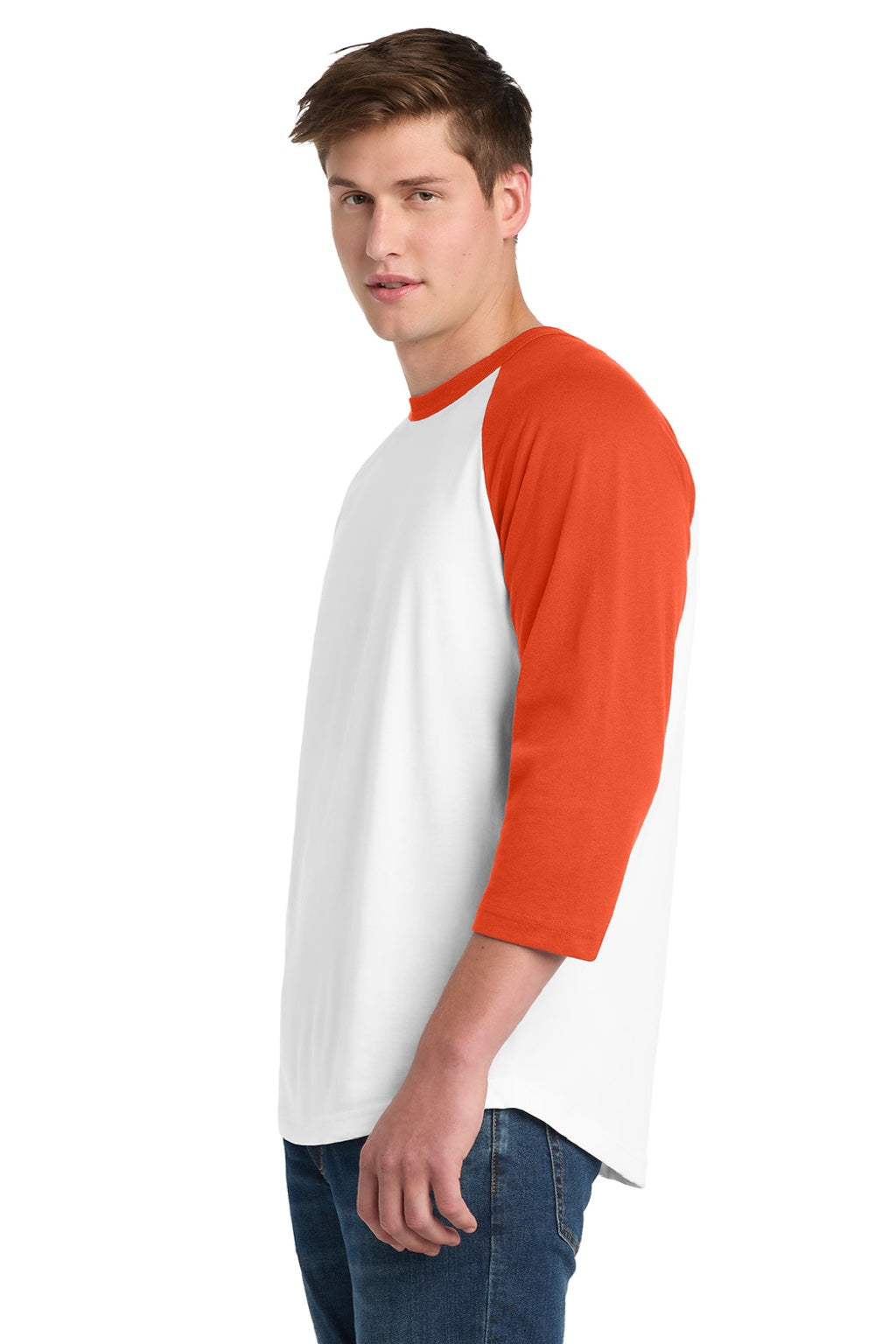 Sport-Tek T200 Mens 3/4 Sleeve Crewneck T-Shirt White/Deep Orange Model Side