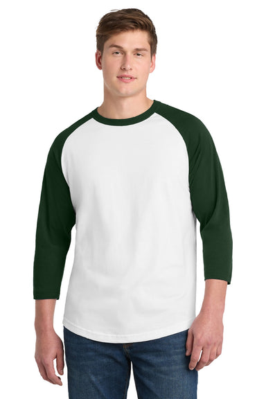 Sport-Tek T200 Mens 3/4 Sleeve Crewneck T-Shirt White/Forest Green Model Front