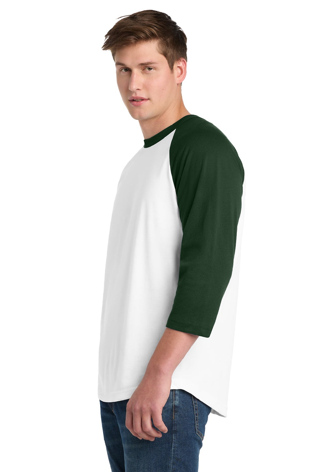 Sport-Tek T200 Mens 3/4 Sleeve Crewneck T-Shirt White/Forest Green Model Side