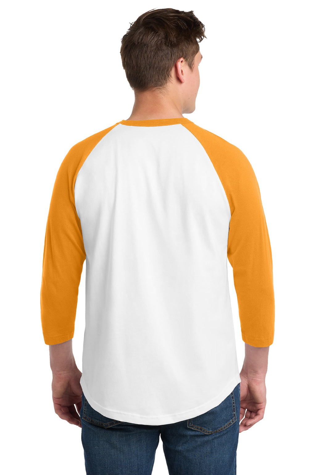 Sport-Tek T200 Mens 3/4 Sleeve Crewneck T-Shirt White/Gold Model Back