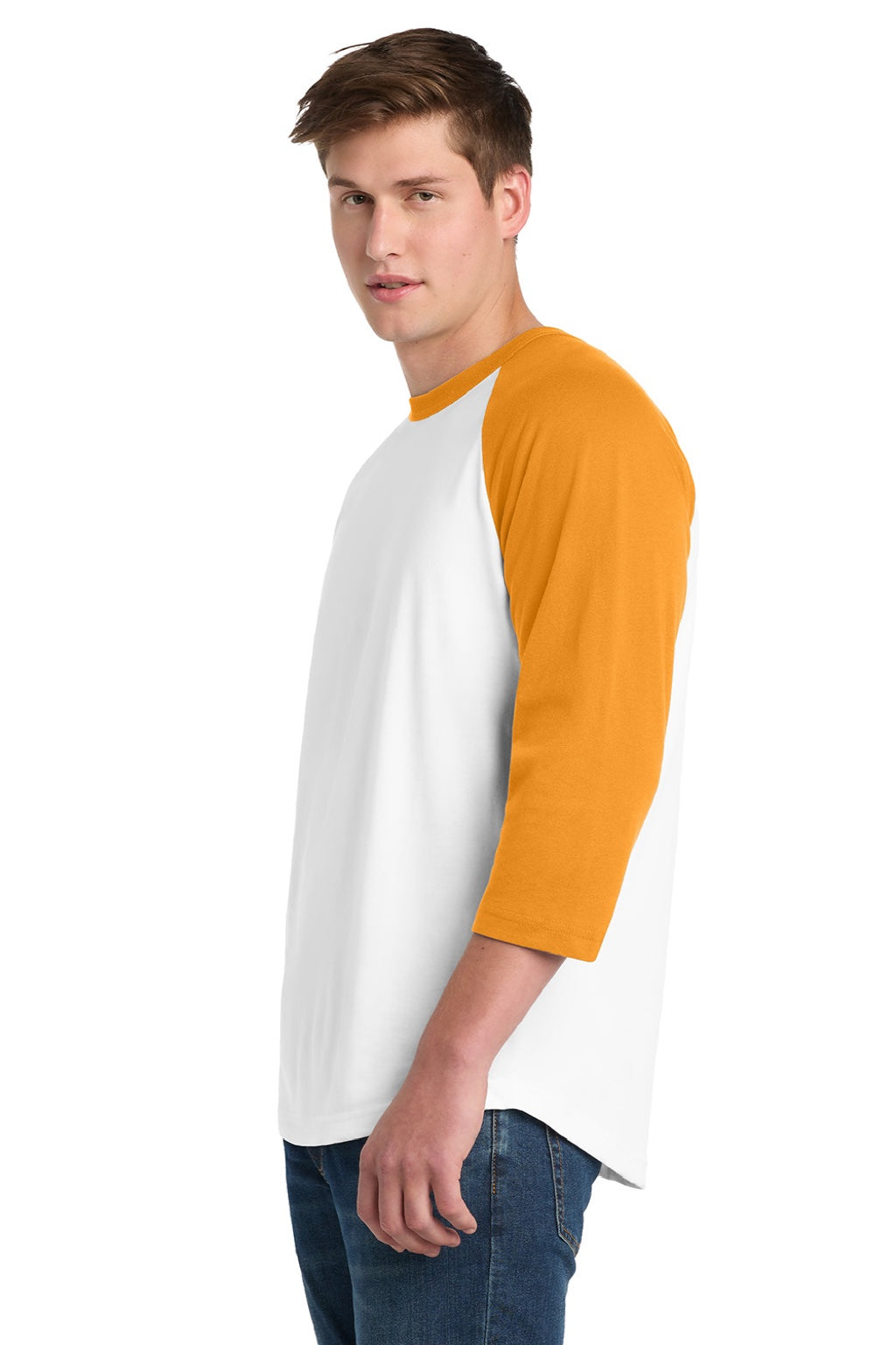 Sport-Tek T200 Mens 3/4 Sleeve Crewneck T-Shirt White/Gold Model Side