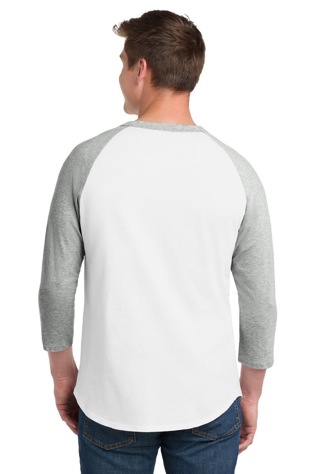 Sport-Tek T200 Mens 3/4 Sleeve Crewneck T-Shirt White/Heather Grey Model Back
