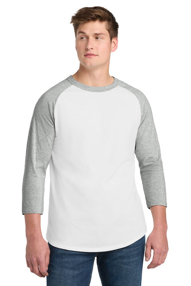 Sport-Tek T200 Mens 3/4 Sleeve Crewneck T-Shirt White/Heather Grey Model Front
