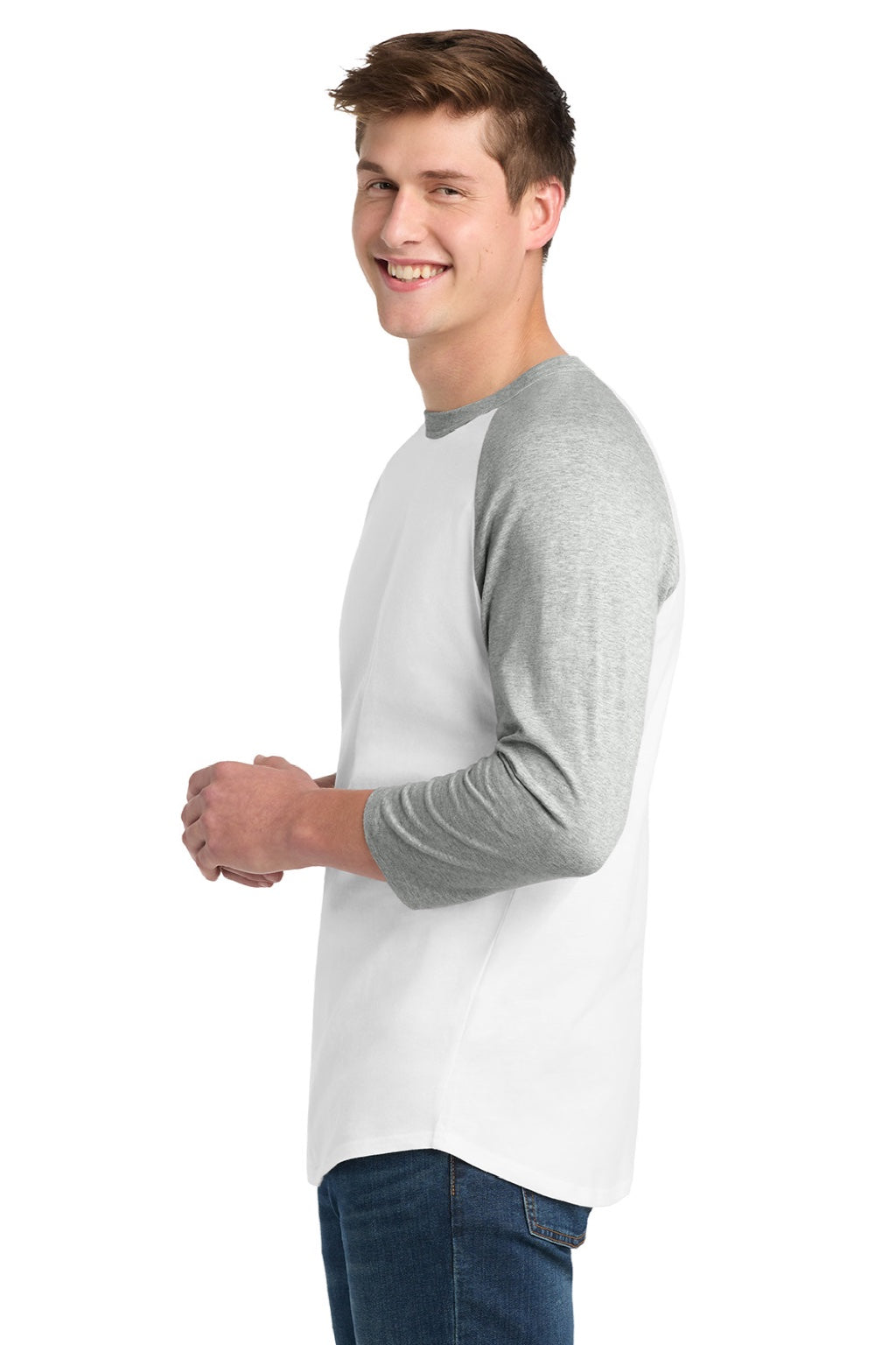 Sport-Tek T200 Mens 3/4 Sleeve Crewneck T-Shirt White/Heather Grey Model Side