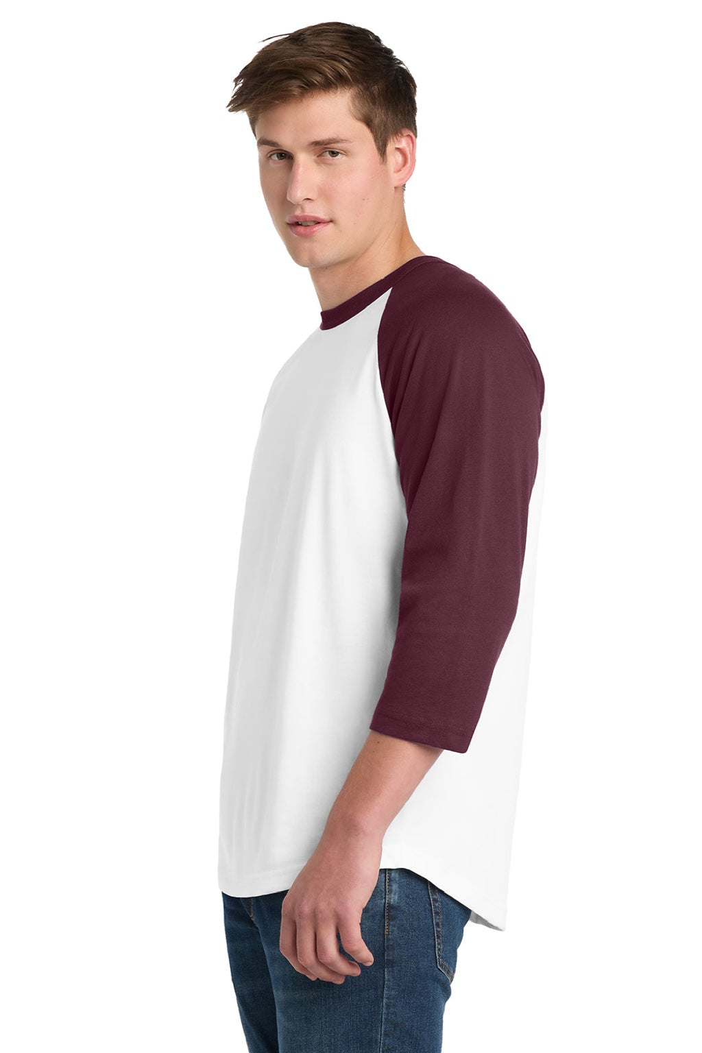 Sport-Tek T200 Mens 3/4 Sleeve Crewneck T-Shirt White/Maroon Model Side