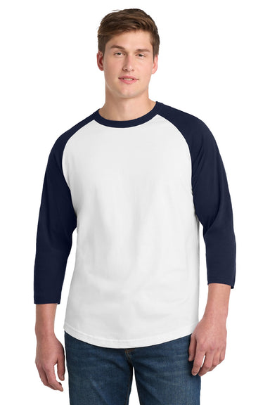 Sport-Tek T200 Mens 3/4 Sleeve Crewneck T-Shirt White/Navy Blue Model Front