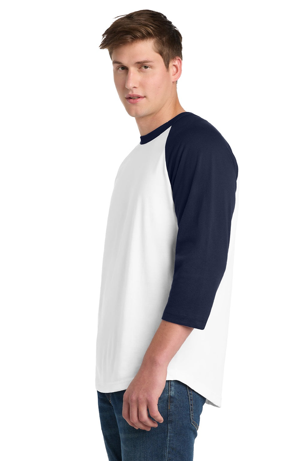 Sport-Tek T200 Mens 3/4 Sleeve Crewneck T-Shirt White/Navy Blue Model Side