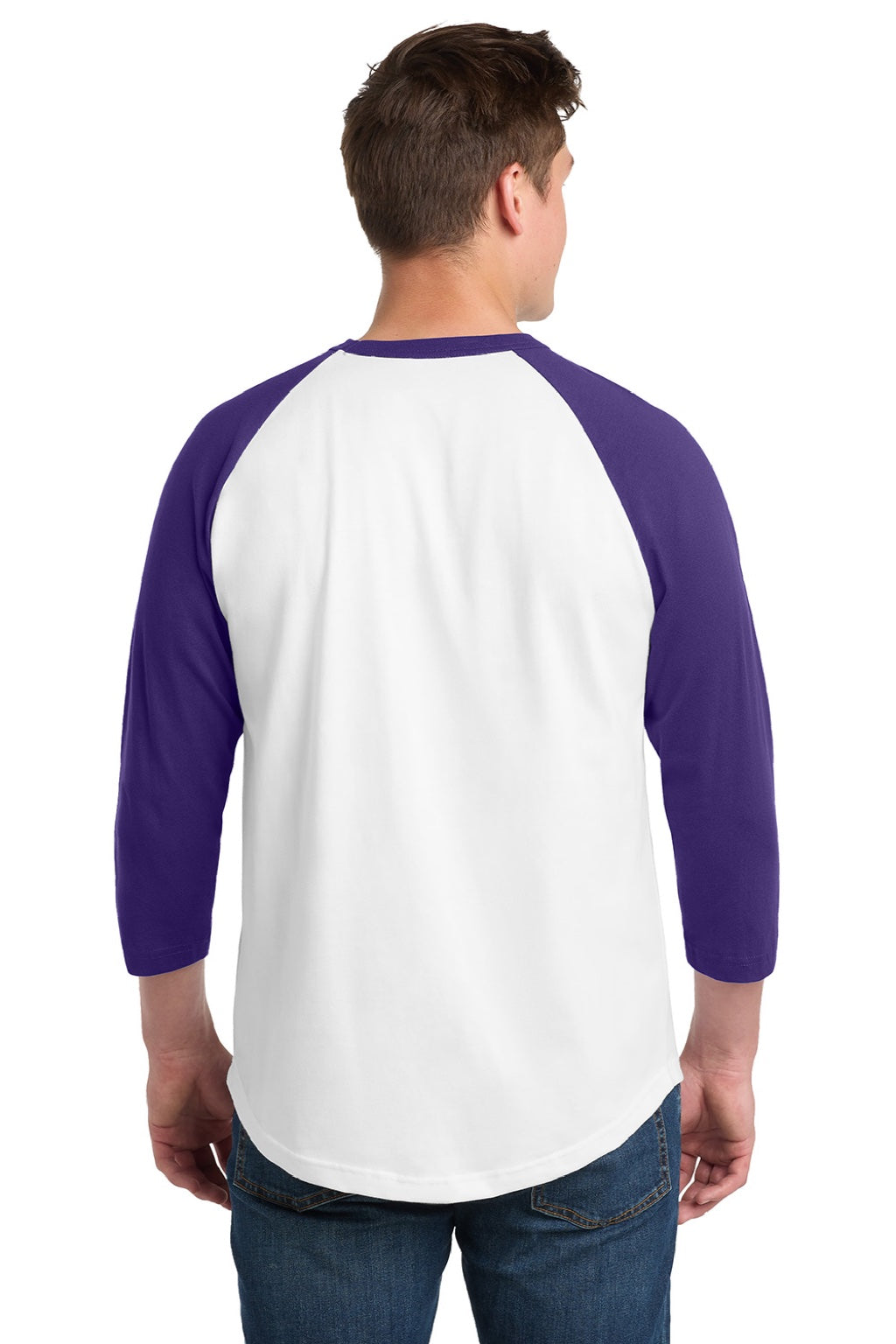Sport-Tek T200 Mens 3/4 Sleeve Crewneck T-Shirt White/Purple Model Back