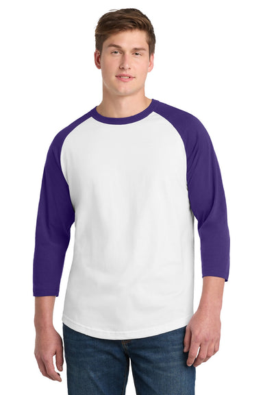 Sport-Tek T200 Mens 3/4 Sleeve Crewneck T-Shirt White/Purple Model Front