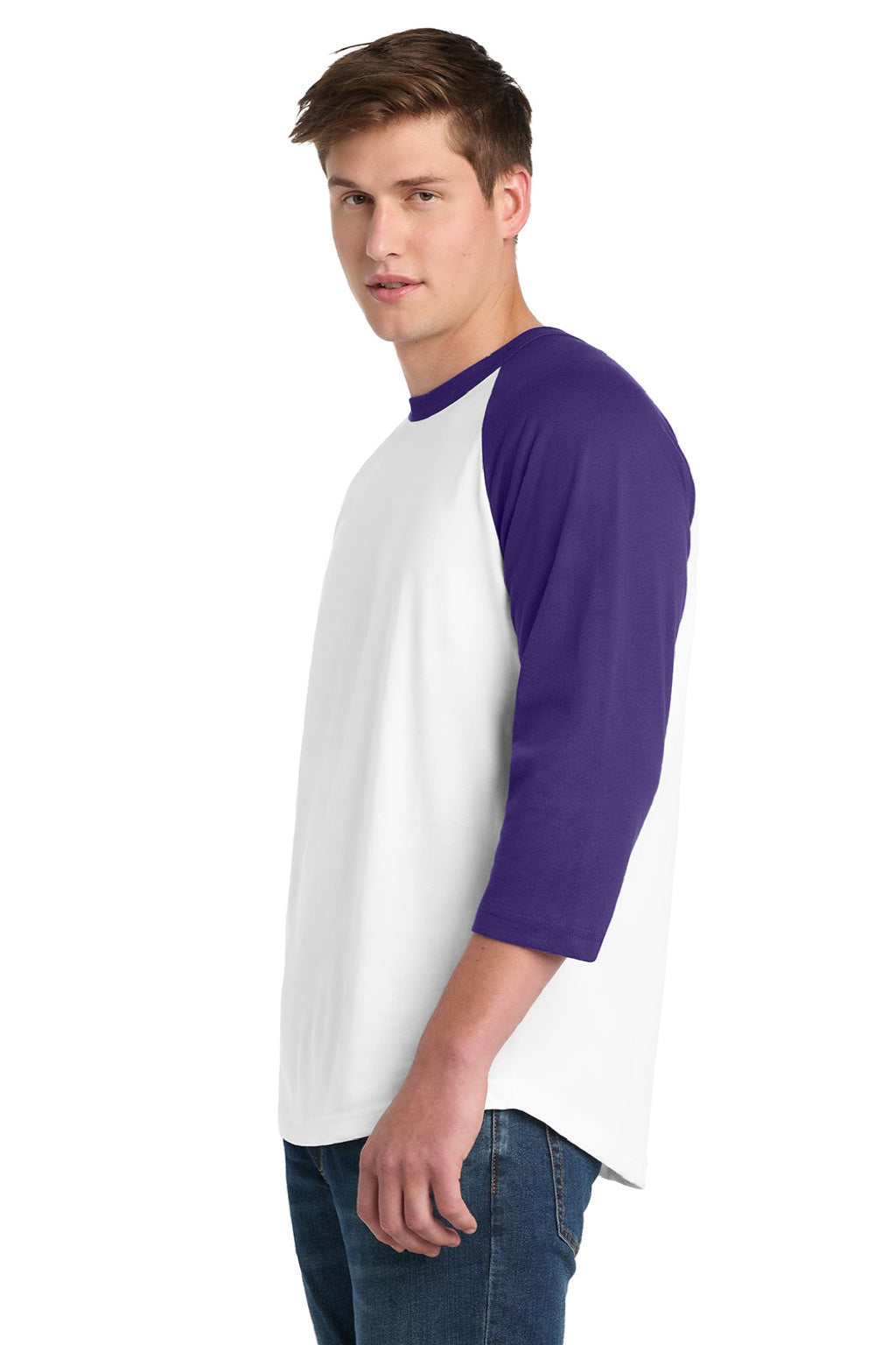 Sport-Tek T200 Mens 3/4 Sleeve Crewneck T-Shirt White/Purple Model Side