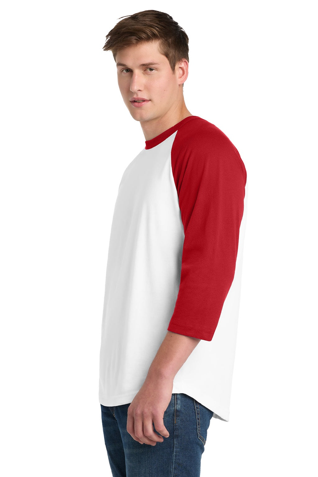 Sport-Tek T200 Mens 3/4 Sleeve Crewneck T-Shirt White/Red Model Side