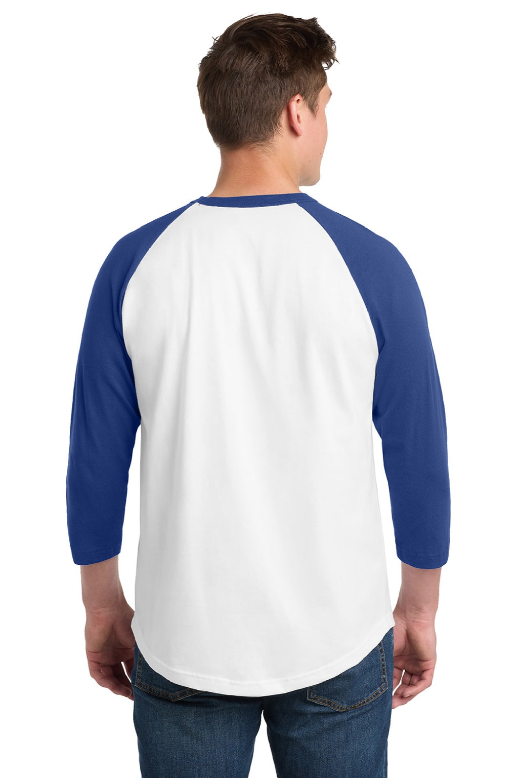 Sport-Tek T200 Mens 3/4 Sleeve Crewneck T-Shirt White/Royal Blue Model Back