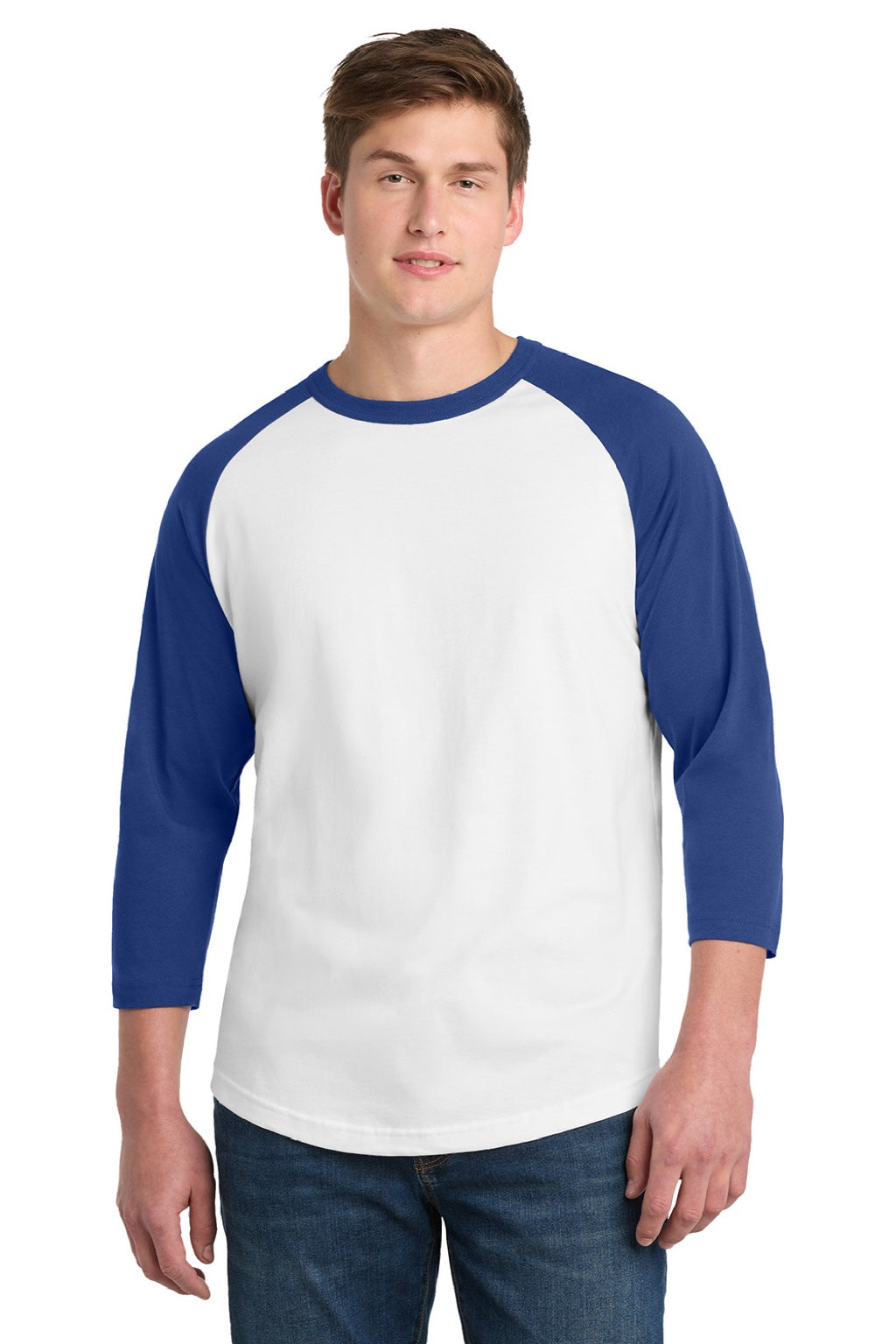 Sport-Tek T200 Mens 3/4 Sleeve Crewneck T-Shirt White/Royal Blue Model Front
