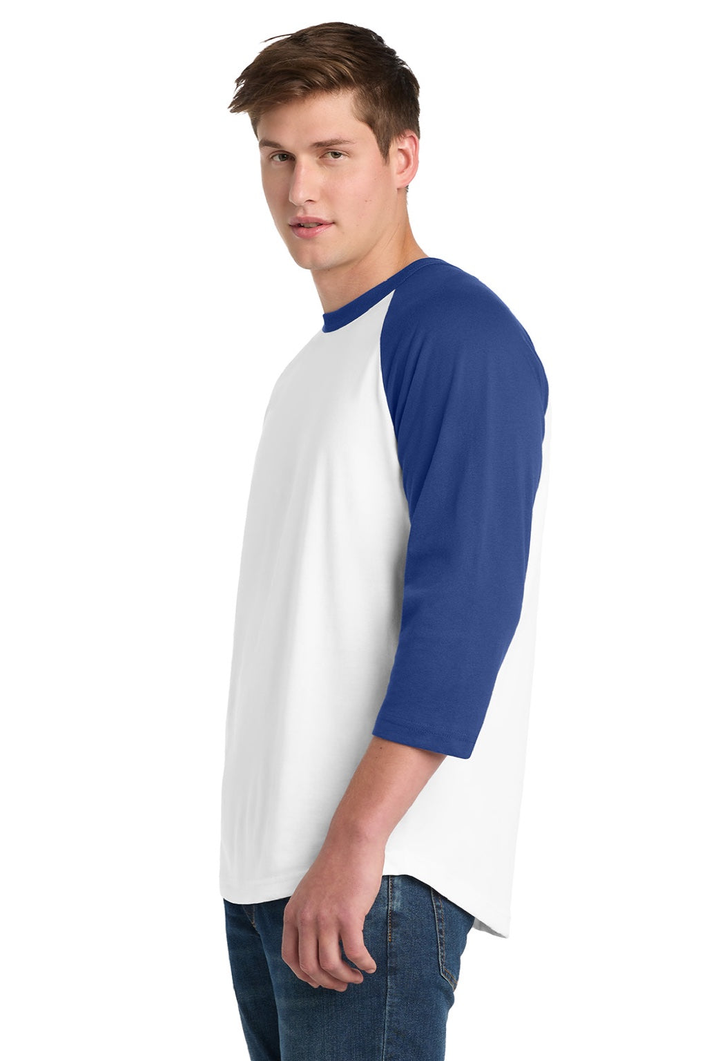Sport-Tek T200 Mens 3/4 Sleeve Crewneck T-Shirt White/Royal Blue Model Side