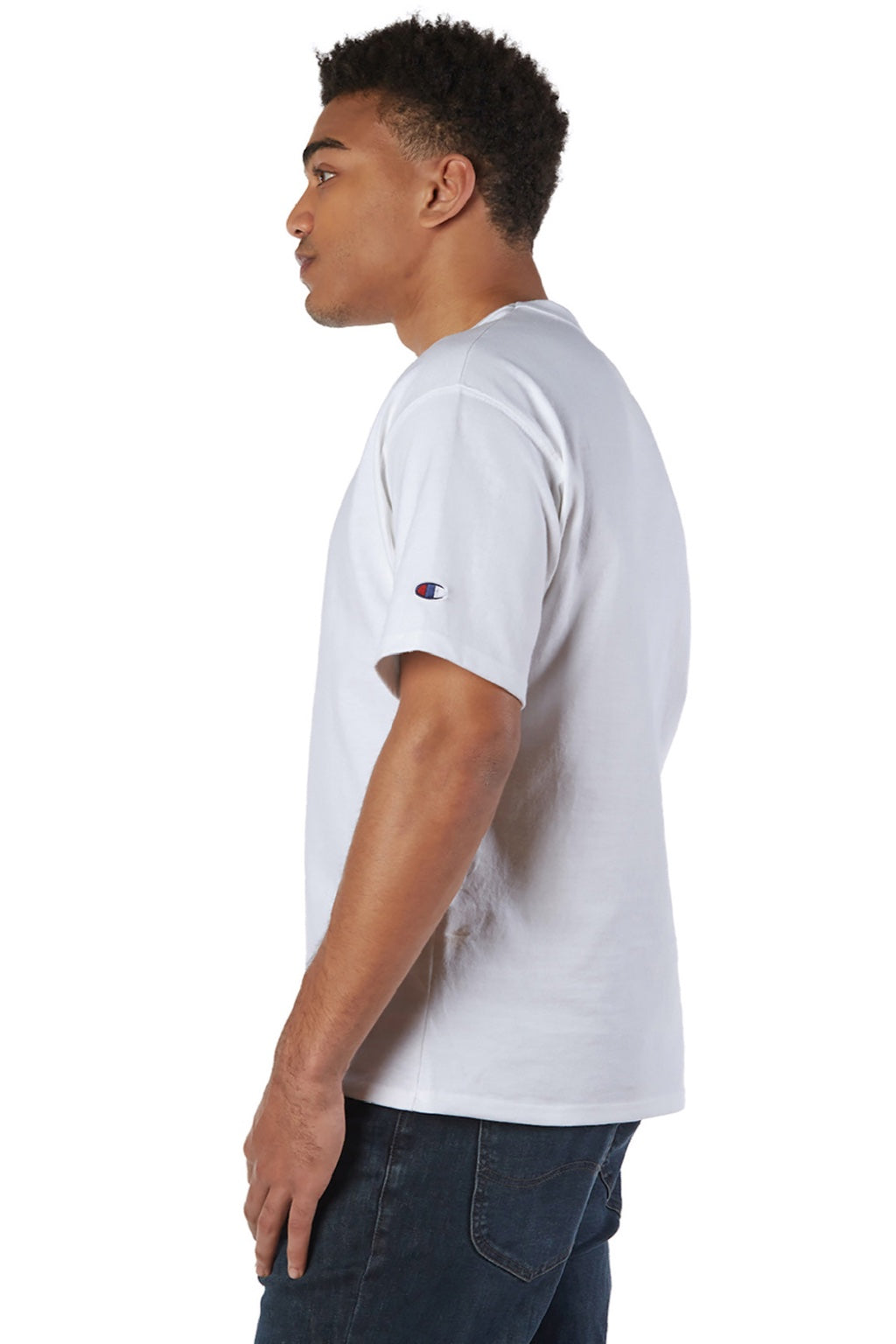 Champion T105 Mens Heritage Short Sleeve Crewneck T-Shirt White Model Side