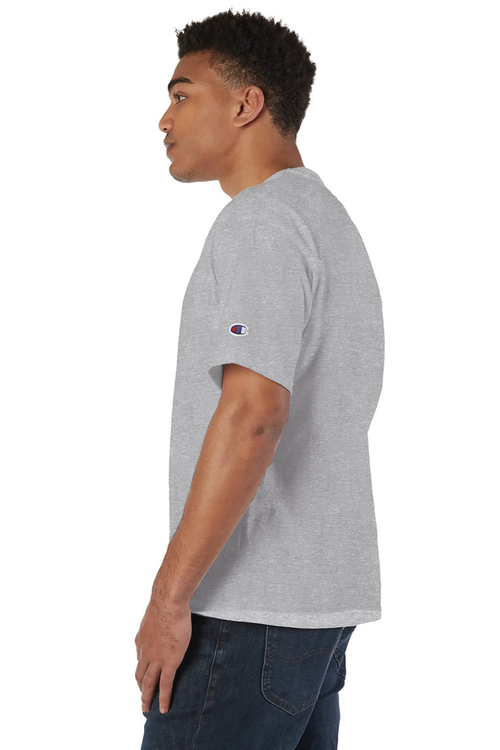 Champion T105 Mens Heritage Short Sleeve Crewneck T-Shirt Oxford Grey Model Side