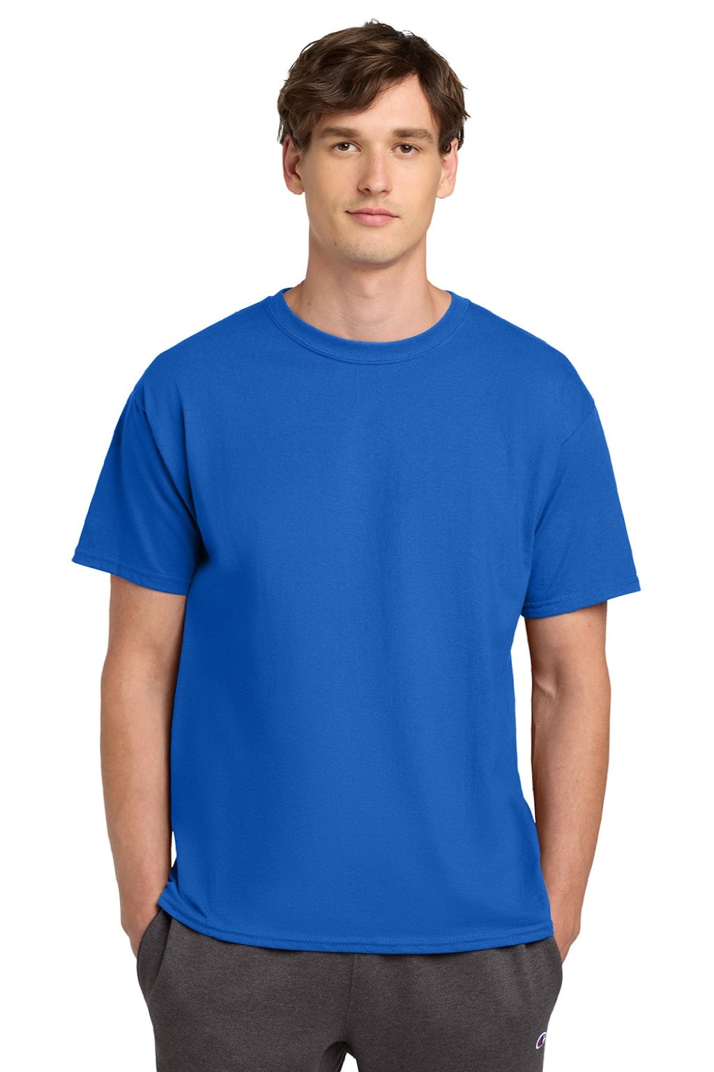 Champion T425 Mens Short Sleeve Crewneck T-Shirt Athletic Royal Blue Model Front