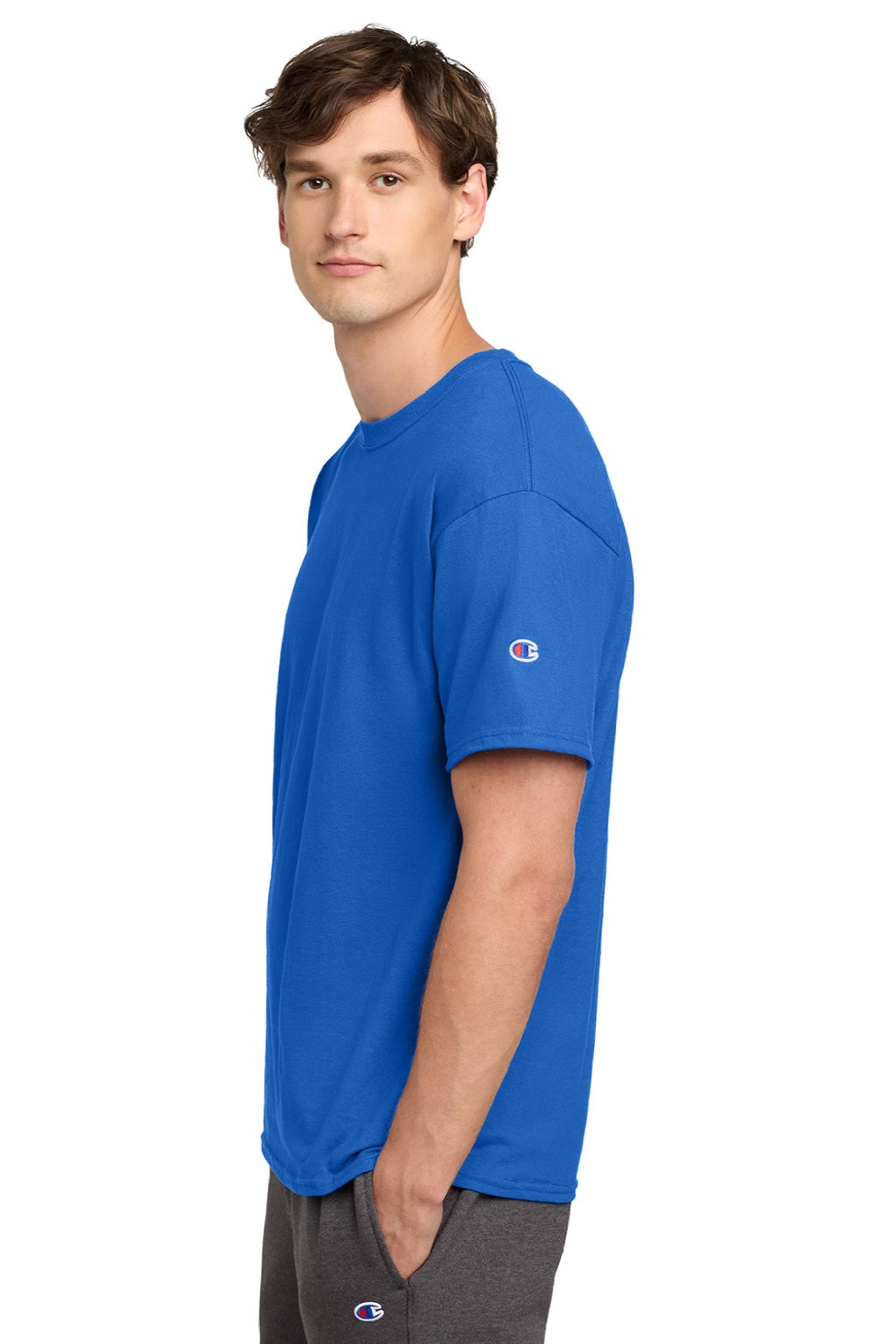 Champion T425 Mens Short Sleeve Crewneck T-Shirt Athletic Royal Blue Model Side
