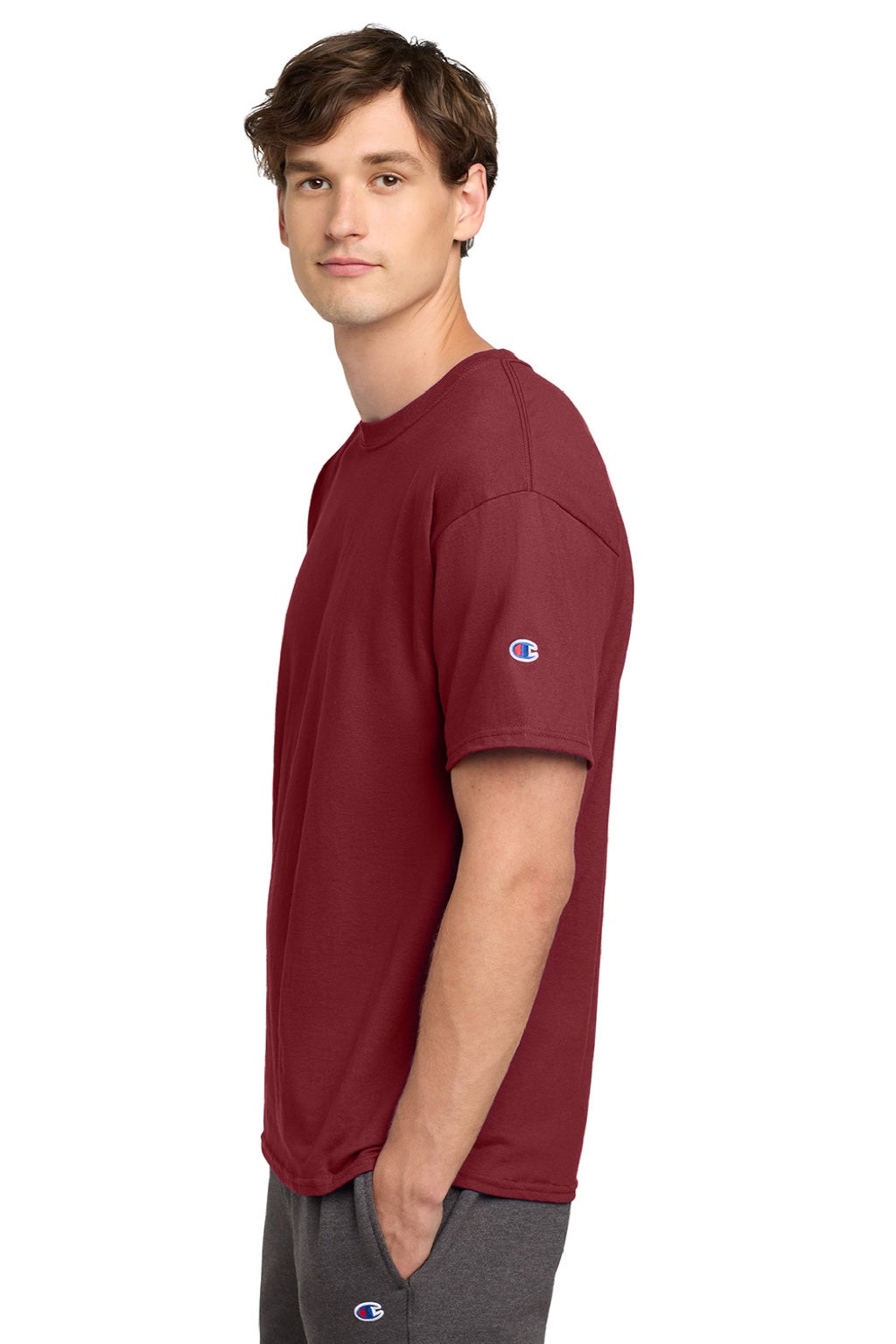 Champion T425 Mens Short Sleeve Crewneck T-Shirt Cardinal Red Model Side