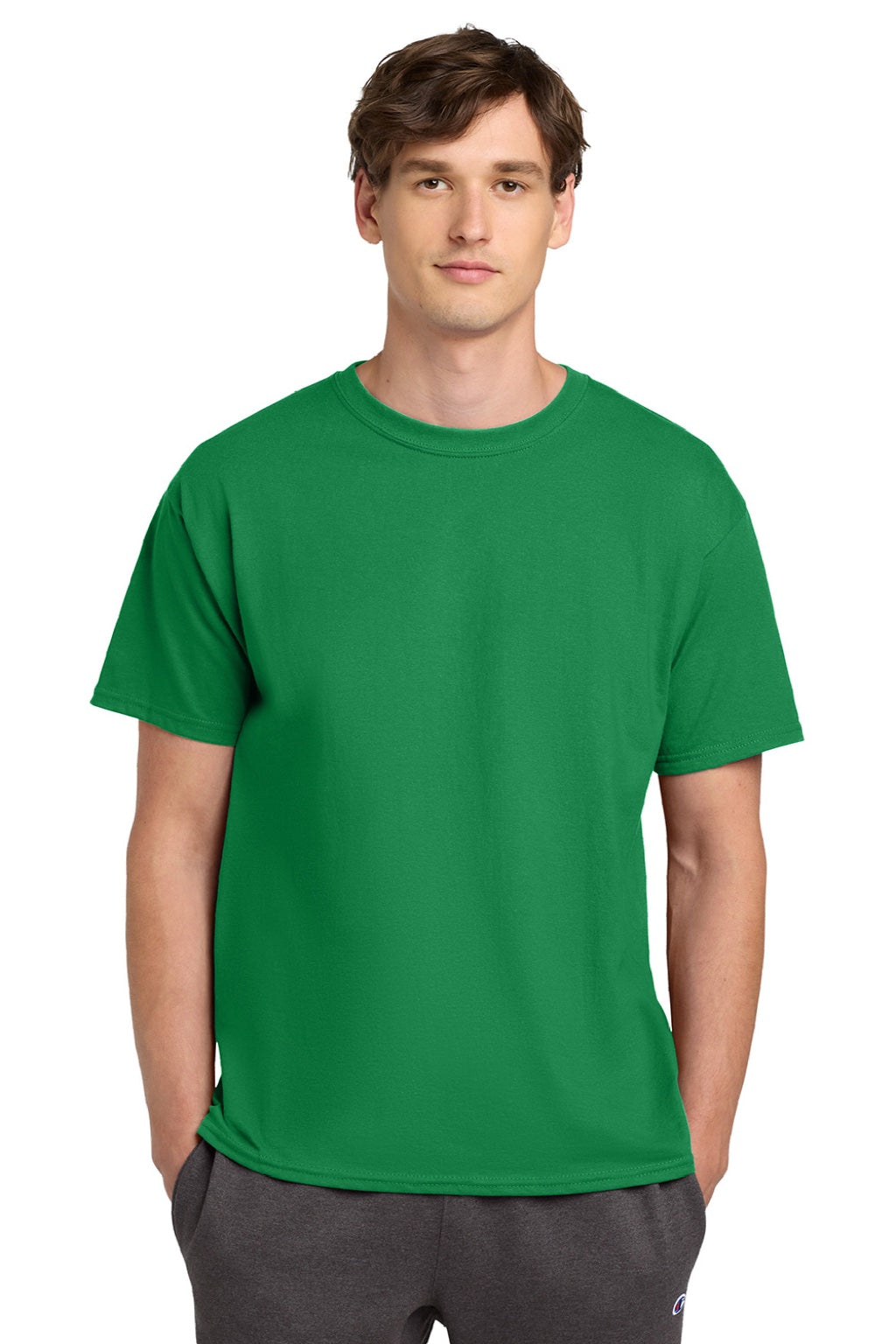 Champion T425 Mens Short Sleeve Crewneck T-Shirt Kelly Green Model Front