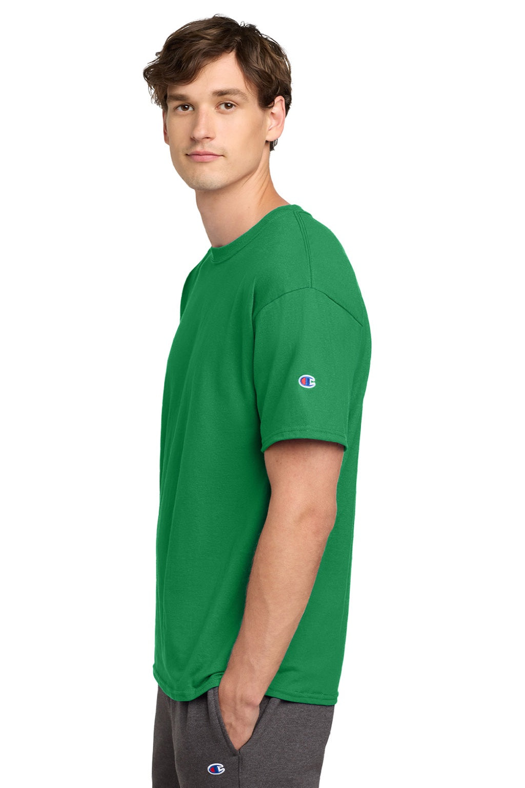 Champion T425 Mens Short Sleeve Crewneck T-Shirt Kelly Green Model Side