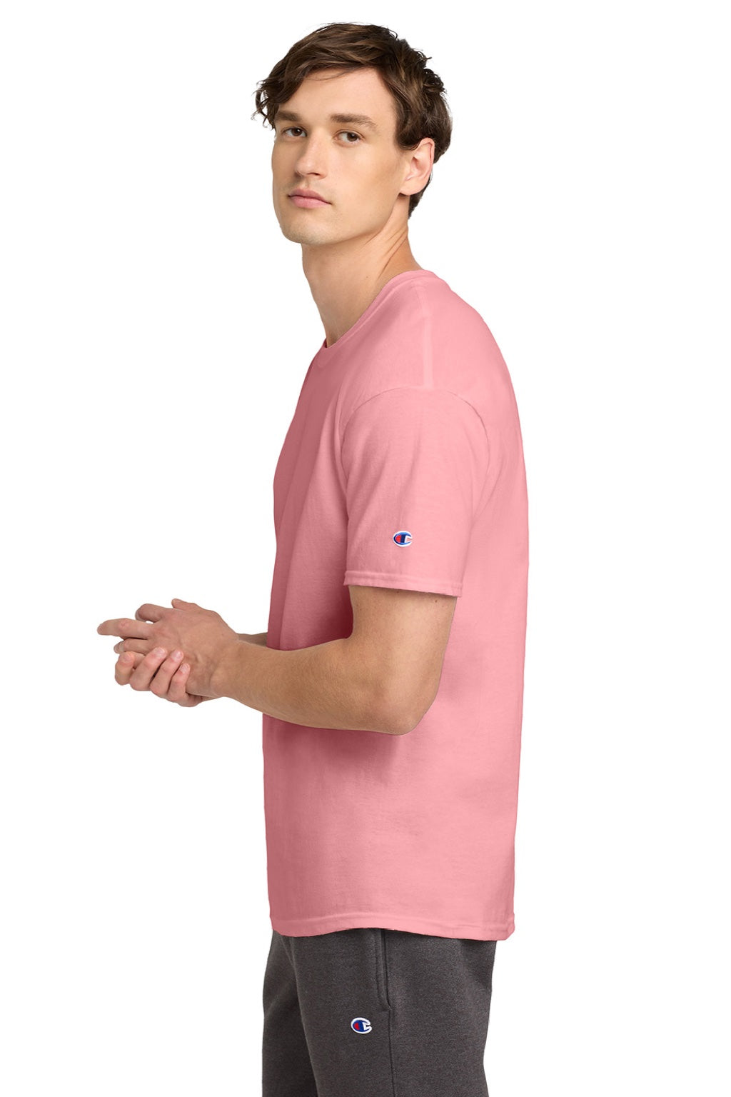 Champion T425 Mens Short Sleeve Crewneck T-Shirt Candy Pink Model Side