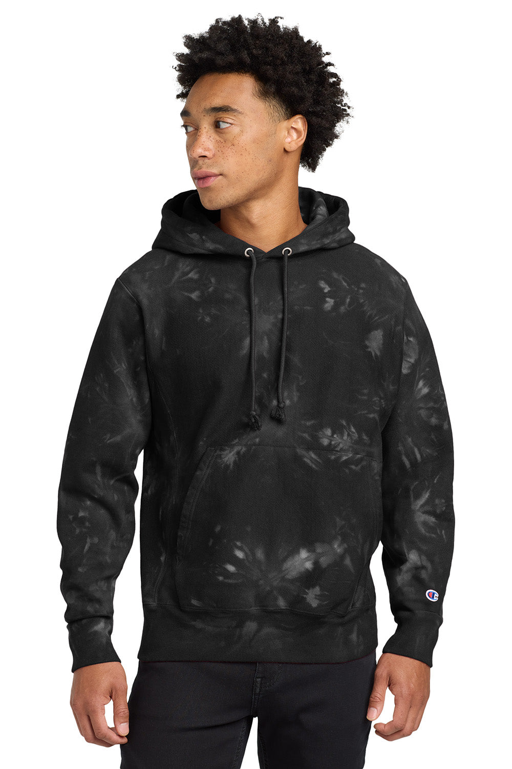 Champion TDS101 Mens Reverse Weave Scrunch Dye Hooded Sweatshirt Hoodie w/ Pouch Pocket Black Model Front