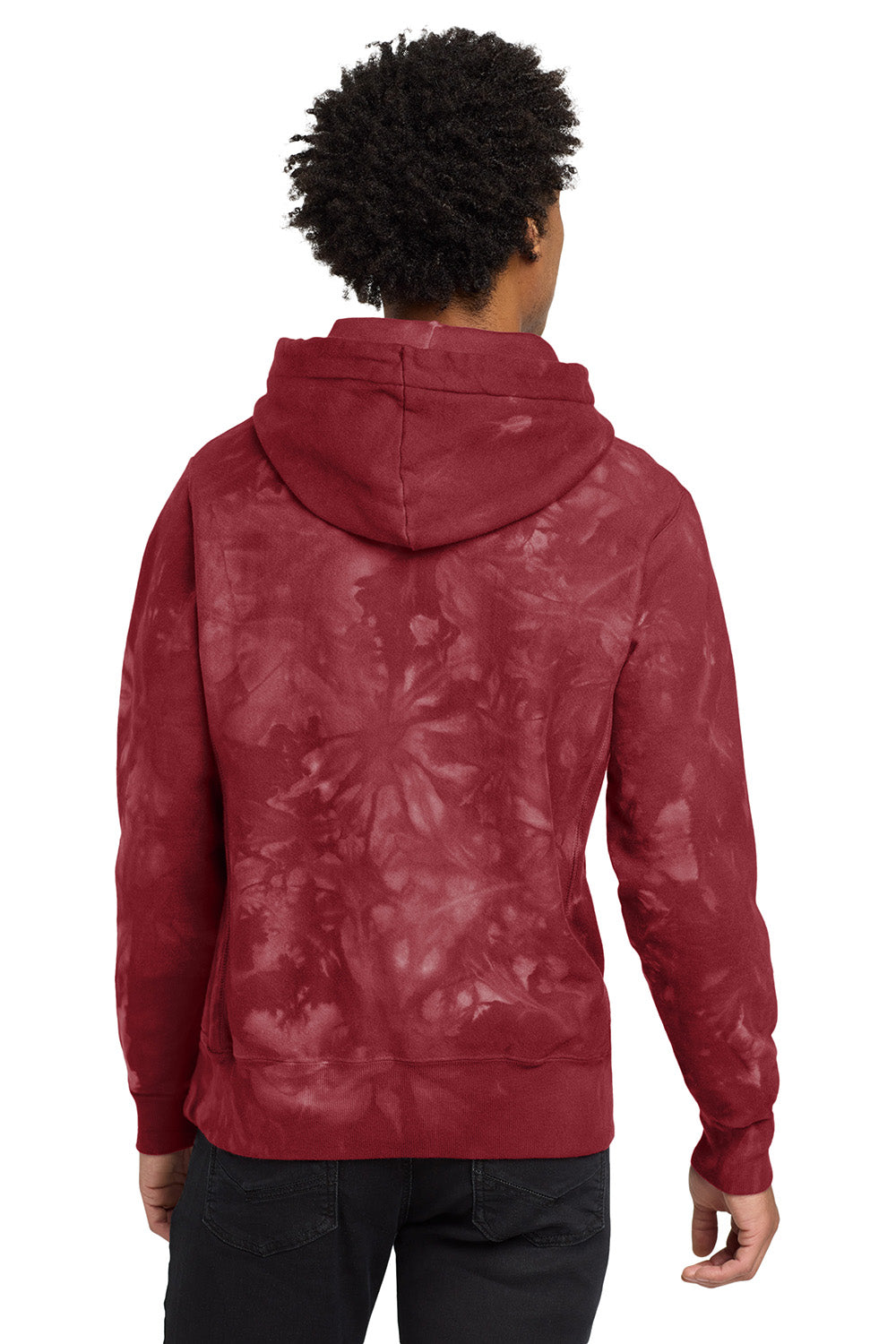 Champion TDS101 Mens Reverse Weave Scrunch Dye Hooded Sweatshirt Hoodie w/ Pouch Pocket Mulled Berry Red Model Back
