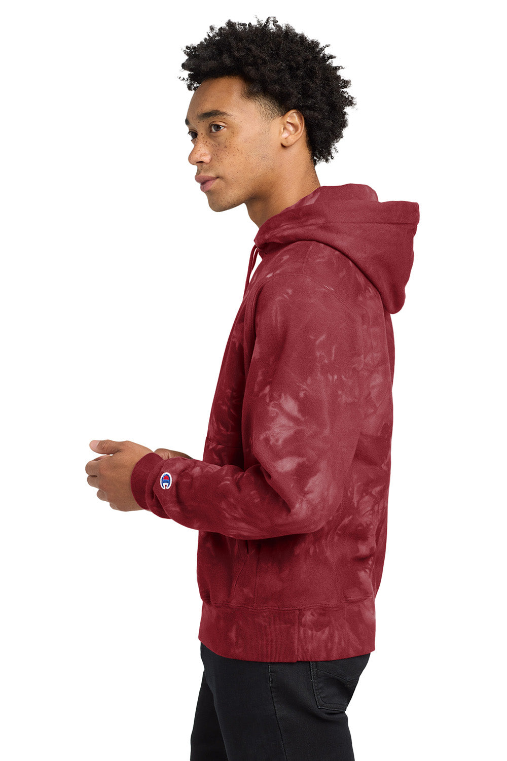 Champion TDS101 Mens Reverse Weave Scrunch Dye Hooded Sweatshirt Hoodie w/ Pouch Pocket Mulled Berry Red Model Side