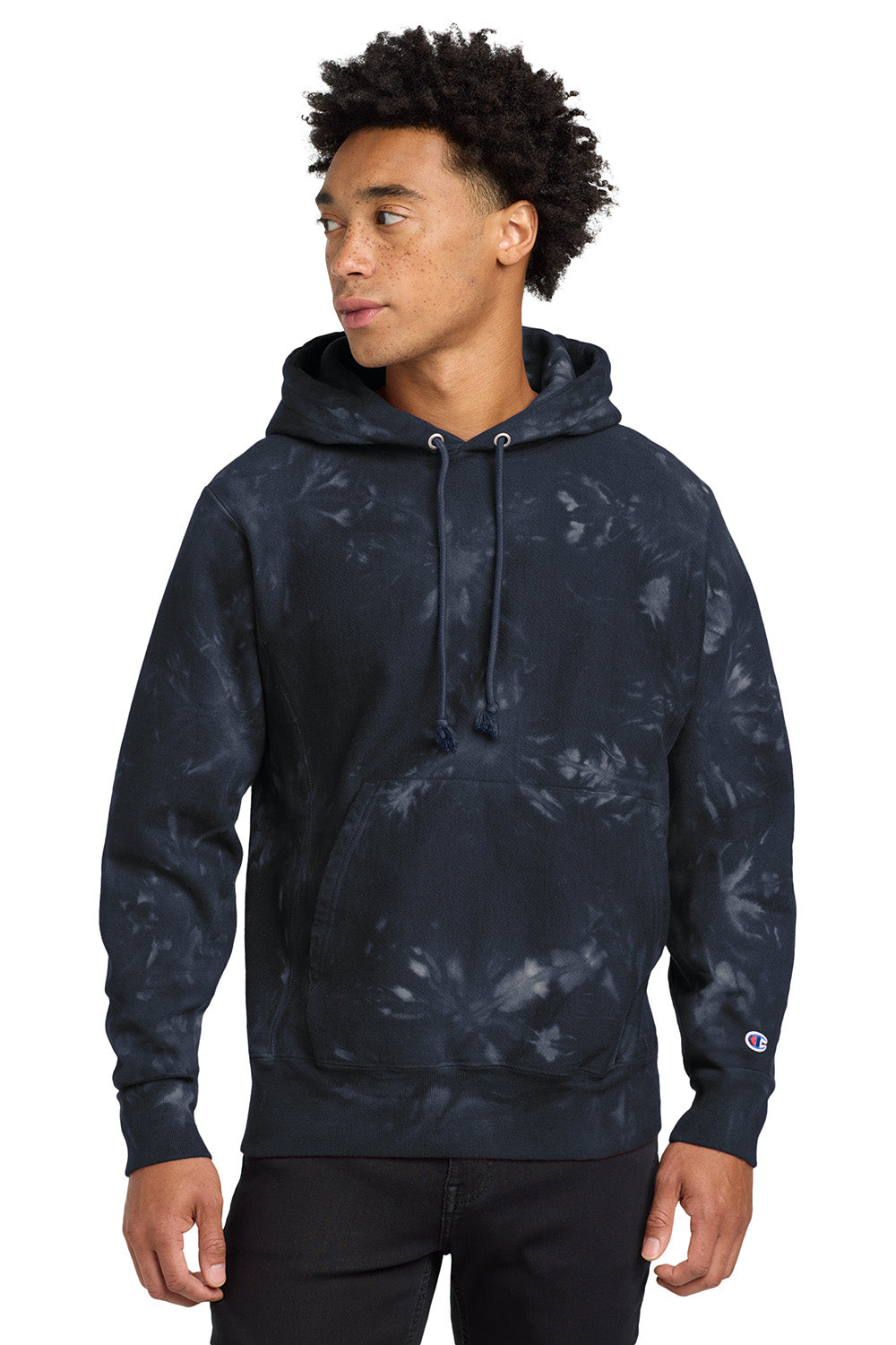 Champion TDS101 Mens Reverse Weave Scrunch Dye Hooded Sweatshirt Hoodie w/ Pouch Pocket Navy Blue Model Front