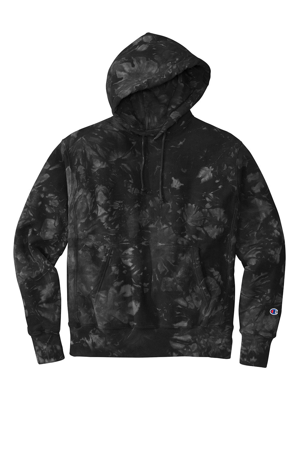 Champion TDS101 Mens Reverse Weave Scrunch Dye Hooded Sweatshirt Hoodie w/ Pouch Pocket Black Flat Front