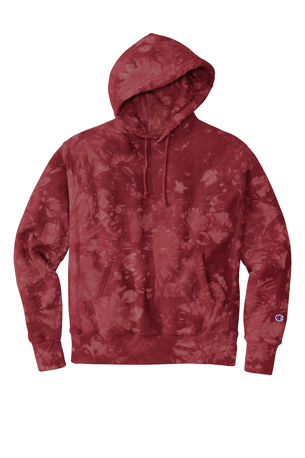Champion TDS101 Mens Reverse Weave Scrunch Dye Hooded Sweatshirt Hoodie w/ Pouch Pocket Mulled Berry Red Flat Front