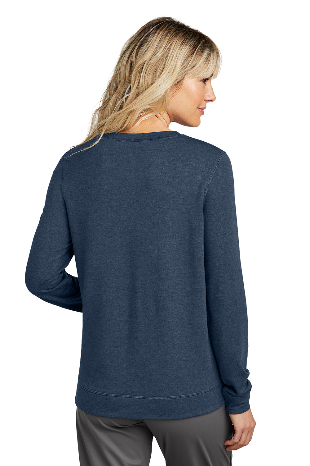 TravisMathew TM1LD003 Womens Long Weekend Crewneck Sweatshirt Heather Blue Nights Model Back