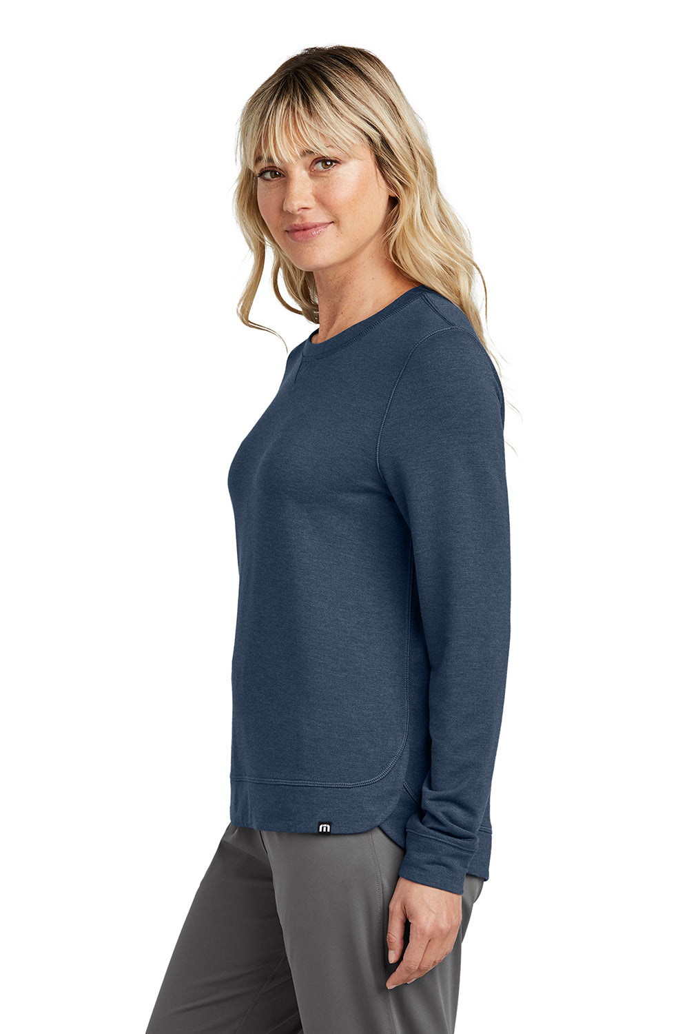 TravisMathew TM1LD003 Womens Long Weekend Crewneck Sweatshirt Heather Blue Nights Model Side