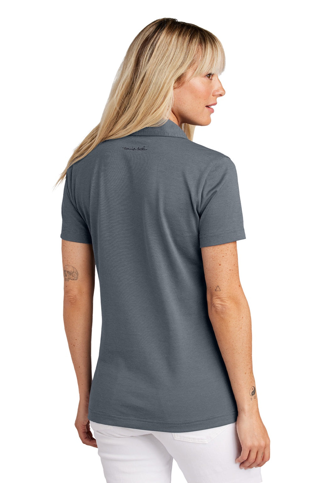 TravisMathew TM1LD005 Womens Sunnyvale Wrinkle Resistant Short Sleeve Polo Shirt Heather Night Blue Model Back