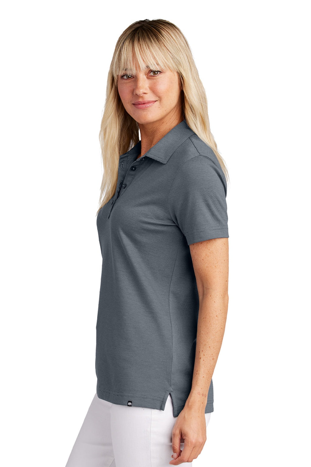 TravisMathew TM1LD005 Womens Sunnyvale Wrinkle Resistant Short Sleeve Polo Shirt Heather Night Blue Model Side