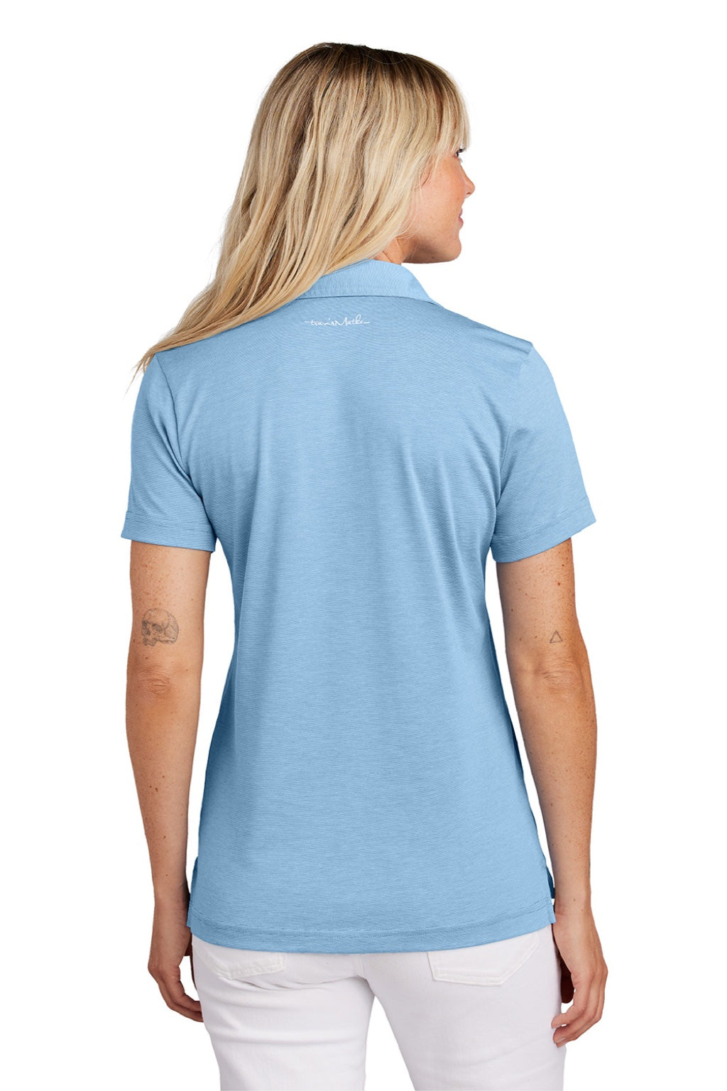 TravisMathew TM1LD005 Womens Sunnyvale Wrinkle Resistant Short Sleeve Polo Shirt Heather Strong Blue Model Back