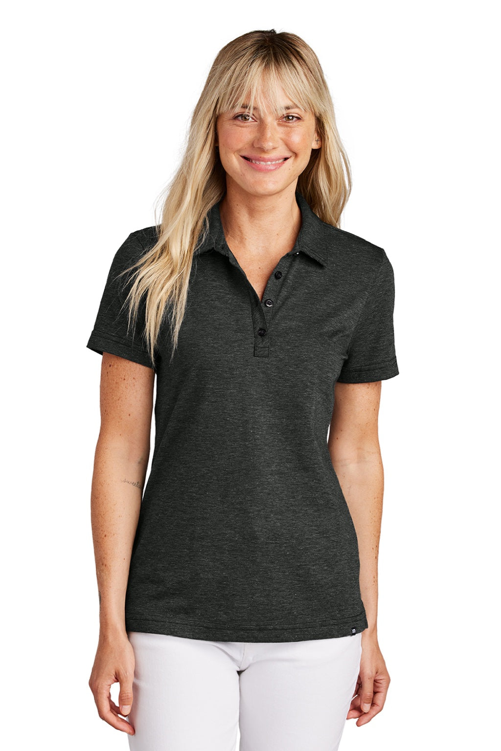 TravisMathew TM1LD005 Womens Sunnyvale Wrinkle Resistant Short Sleeve Polo Shirt Heather Black Model Front
