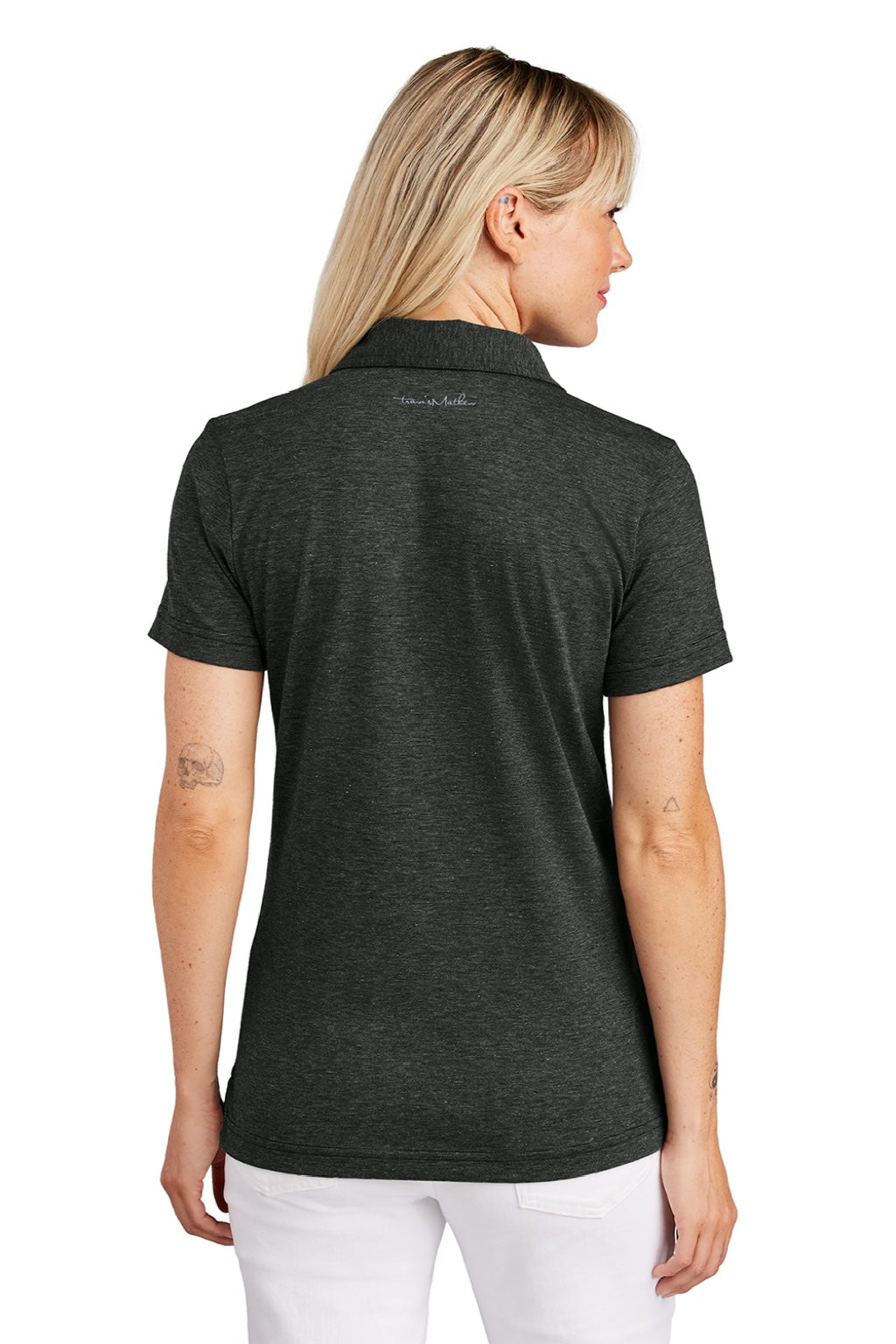 TravisMathew TM1LD005 Womens Sunnyvale Wrinkle Resistant Short Sleeve Polo Shirt Heather Black Model Back