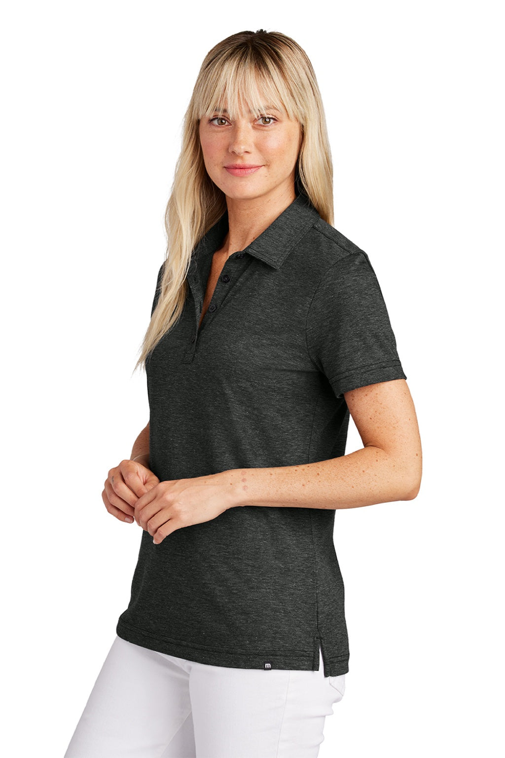 TravisMathew TM1LD005 Womens Sunnyvale Wrinkle Resistant Short Sleeve Polo Shirt Heather Black Model Side