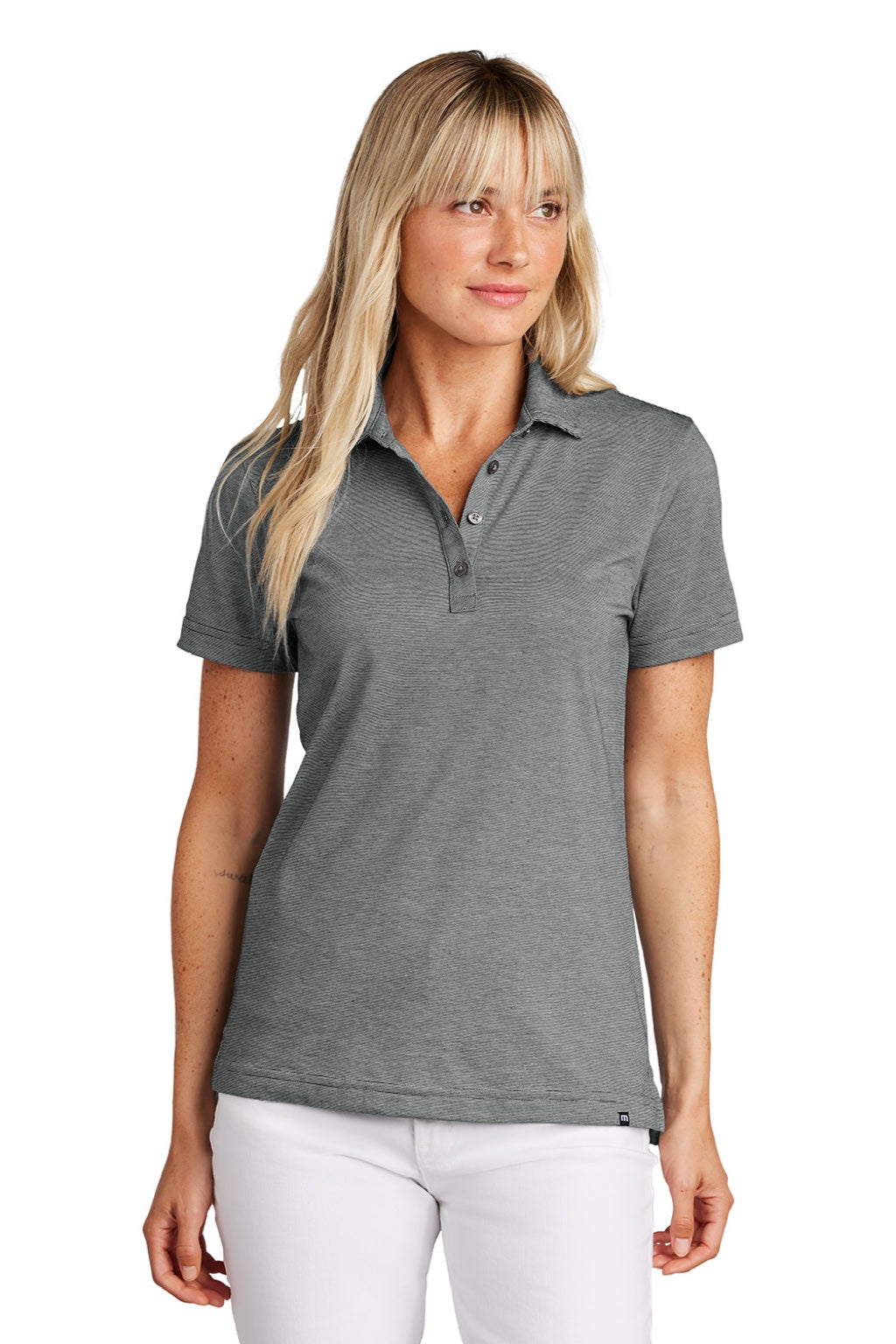 TravisMathew TM1LD005 Womens Sunnyvale Wrinkle Resistant Short Sleeve Polo Shirt Heather Dark Grey Model Front