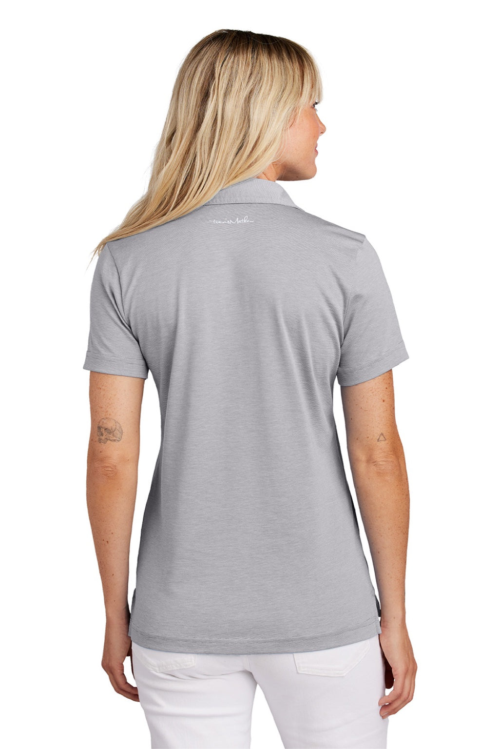 TravisMathew TM1LD005 Womens Sunnyvale Wrinkle Resistant Short Sleeve Polo Shirt Heather Light Grey Model Back