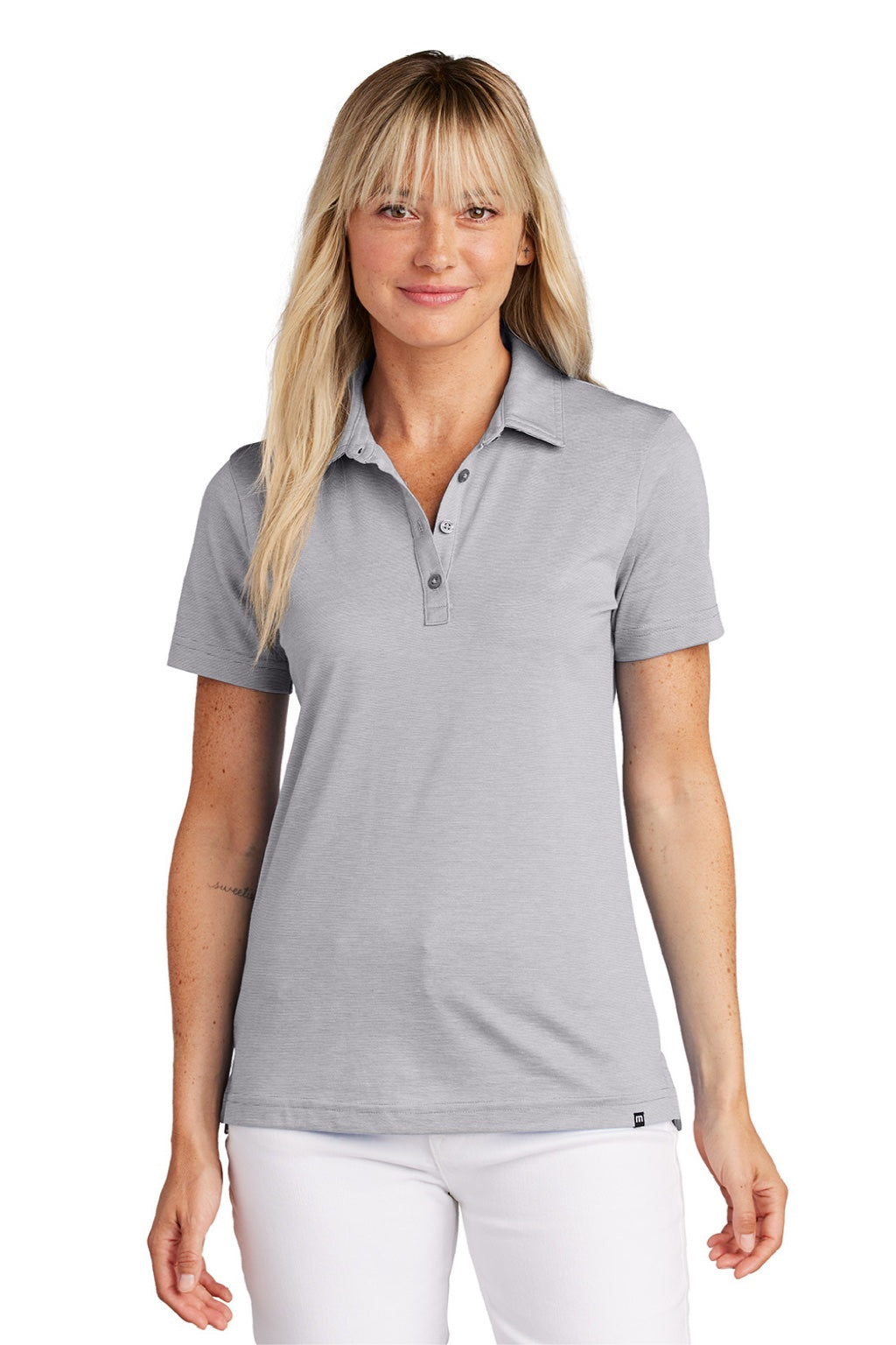 TravisMathew TM1LD005 Womens Sunnyvale Wrinkle Resistant Short Sleeve Polo Shirt Heather Light Grey Model Front