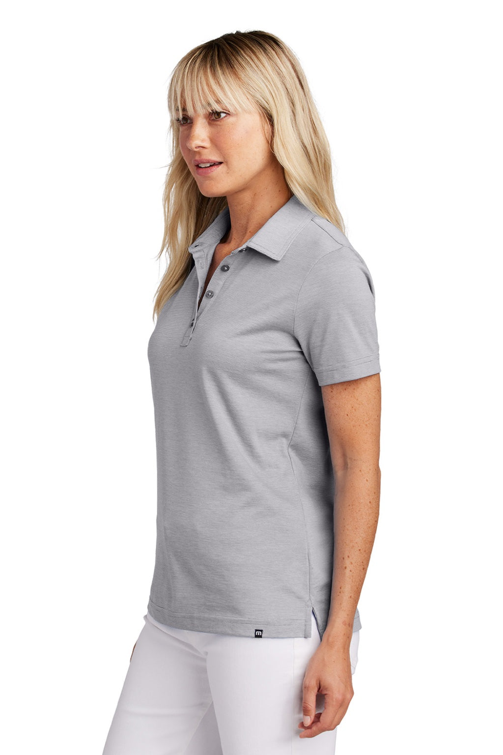 TravisMathew TM1LD005 Womens Sunnyvale Wrinkle Resistant Short Sleeve Polo Shirt Heather Light Grey Model Side